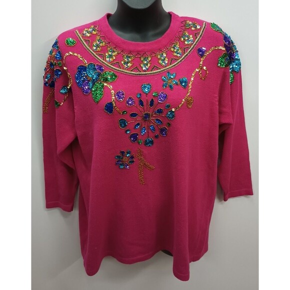 Vintage Hot Pink Sweater Floral Embellished Sequins Shoulder Pads 90's - Picture 1 of 9